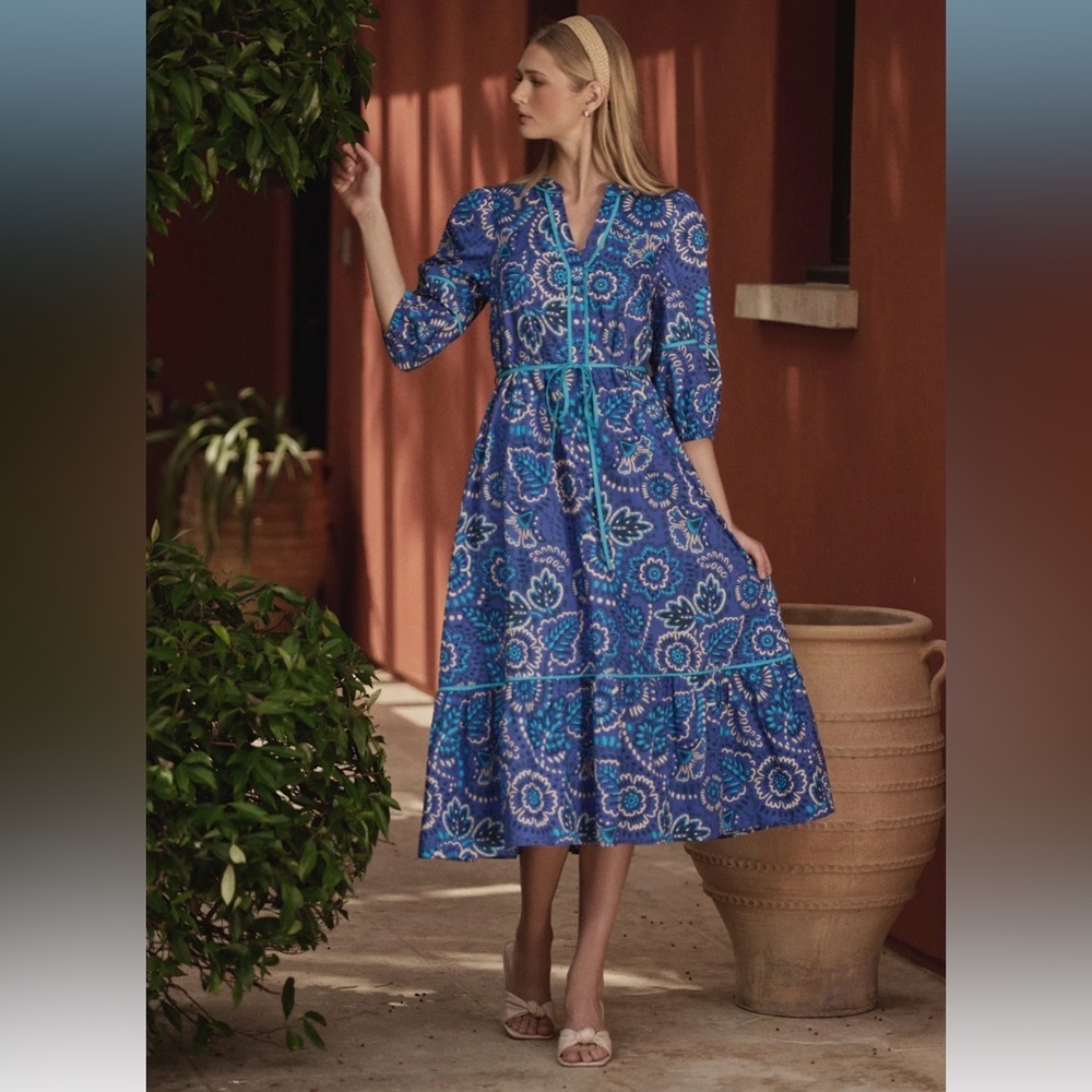 Kenner Floral Melia Shirt Midi Dress Blue Cream Multi - Picture 7 of 10